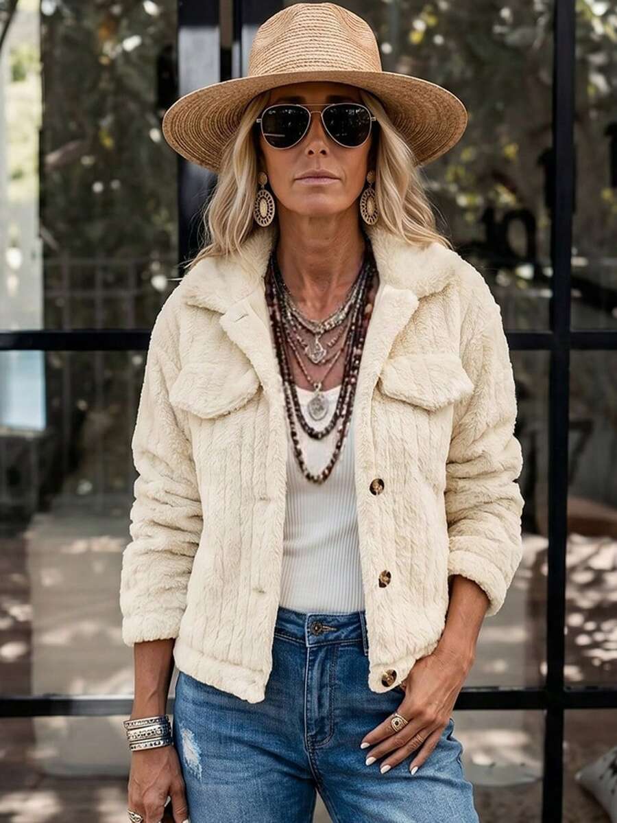 LanaWest Women's Autumn/Winter Solid Color Plush Casual Short Jacket With Long Sleeves Fall Cloth For Women - Beige - View 1