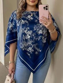 SHEIN CURVE+ Plus Size Women's Plant & Animal Print Boat Neck Asymmetrical Hem Fashion Blouse - Blue - View 3