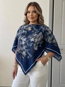 SHEIN CURVE+ Plus Size Women's Plant & Animal Print Boat Neck Asymmetrical Hem Fashion Blouse - Blue - View 7