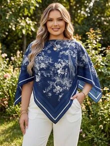 SHEIN CURVE+ Plus Size Women's Plant & Animal Print Boat Neck Asymmetrical Hem Fashion Blouse - Blue - View 6