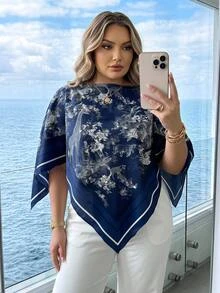 SHEIN CURVE+ Plus Size Women's Plant & Animal Print Boat Neck Asymmetrical Hem Fashion Blouse - Blue - View 4