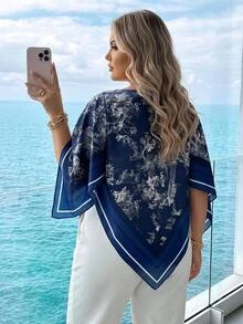 SHEIN CURVE+ Plus Size Women's Plant & Animal Print Boat Neck Asymmetrical Hem Fashion Blouse - Blue - View 2