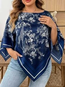 SHEIN CURVE+ Plus Size Women's Plant & Animal Print Boat Neck Asymmetrical Hem Fashion Blouse - Blue - View 5