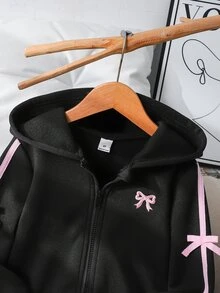 女童時尚側條紋蝴蝶結飾邊刺繡連帽長袖加厚刷毛運動外套上衣，派對穿搭，7歲/1歲生日，秋季黑色仙女風 - 淺灰色 - 查看 4