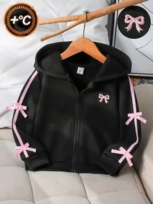 女童時尚側條紋蝴蝶結飾邊刺繡連帽長袖加厚刷毛運動外套上衣，派對穿搭，7歲/1歲生日，秋季黑色仙女風 - 淺灰色 - 查看 2