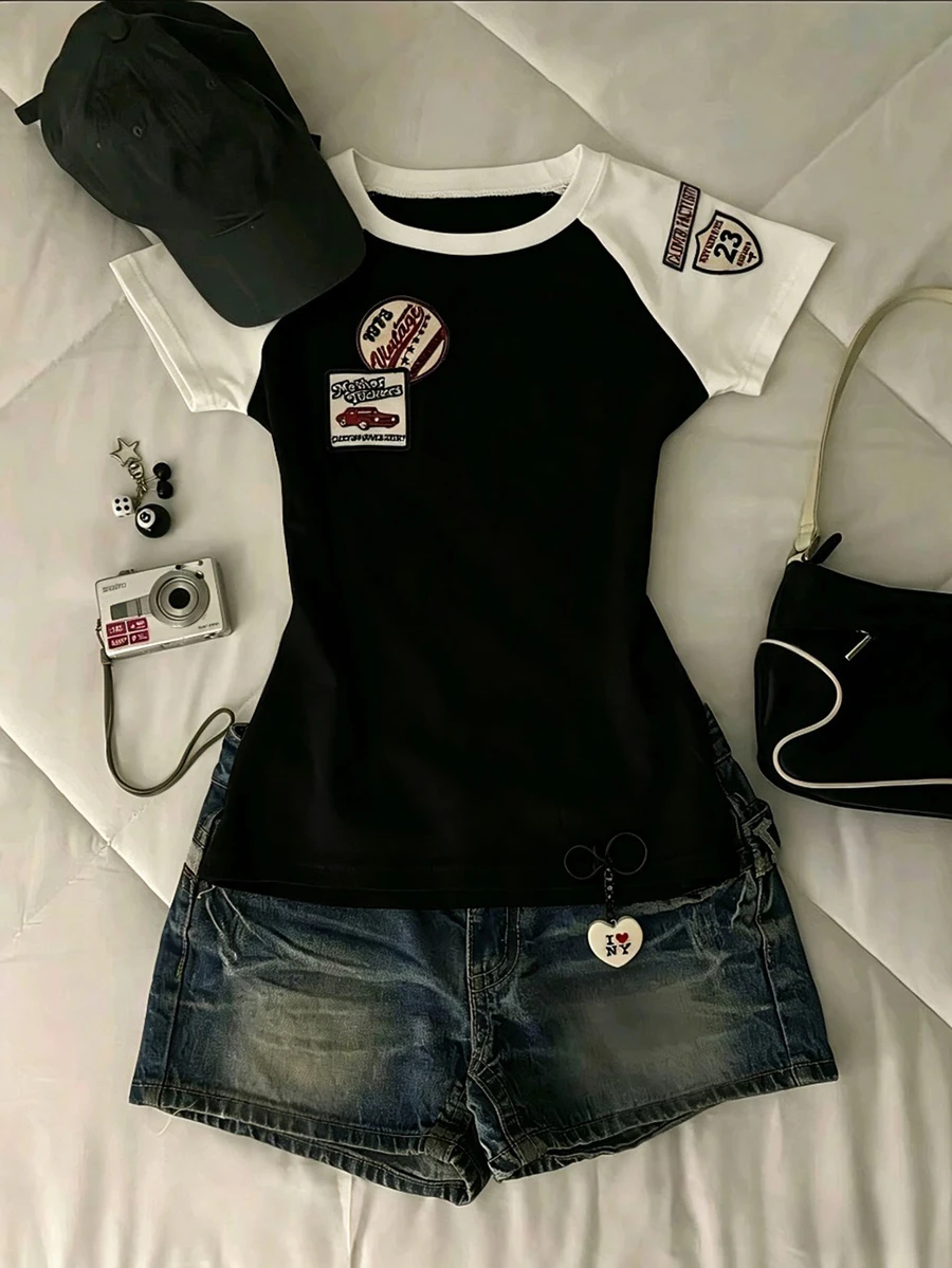 IslaSuriya [Printed Design] Women's Fitted Raglan Short Sleeve Crew Neck T-Shirt With White Printed Graphic - Multicolor - View 1