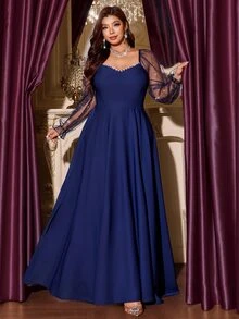 SHEIN LUNE Plus Size Women's Faux Pearl Decor Casual Party Dress - Navy Blue - View 4