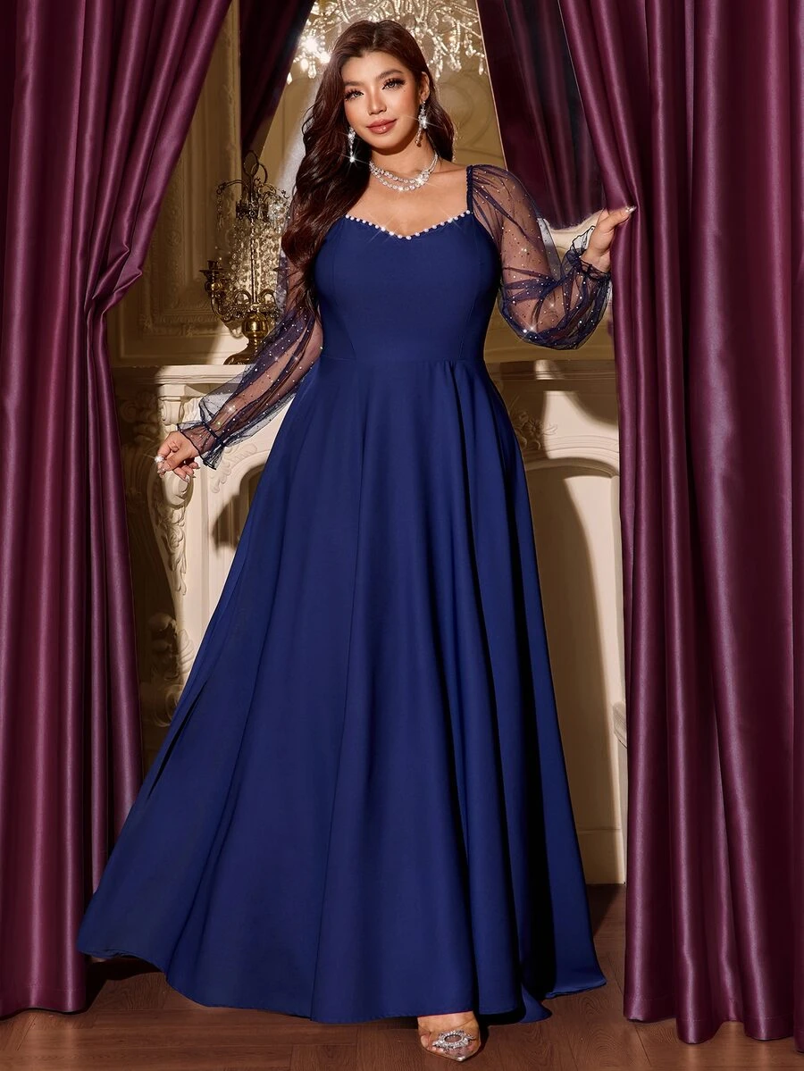 SHEIN LUNE Plus Size Women's Faux Pearl Decor Casual Party Dress - Navy Blue - View 1