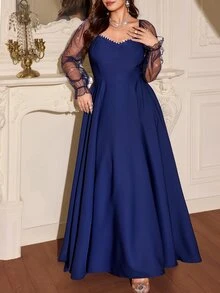 SHEIN LUNE Plus Size Women's Faux Pearl Decor Casual Party Dress - Navy Blue - View 6