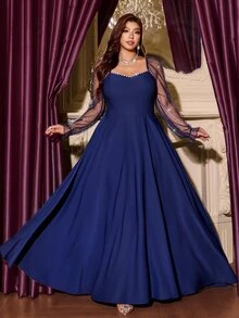 SHEIN LUNE Plus Size Women's Faux Pearl Decor Casual Party Dress - Navy Blue - View 1