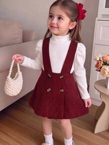 SHEIN 2件組幼女上衣＋吊帶裙，學院風甜美白色紅格千鳥格針織長袖高領常規款，秋季節日鈕扣設計 - 紅色 - 查看 7