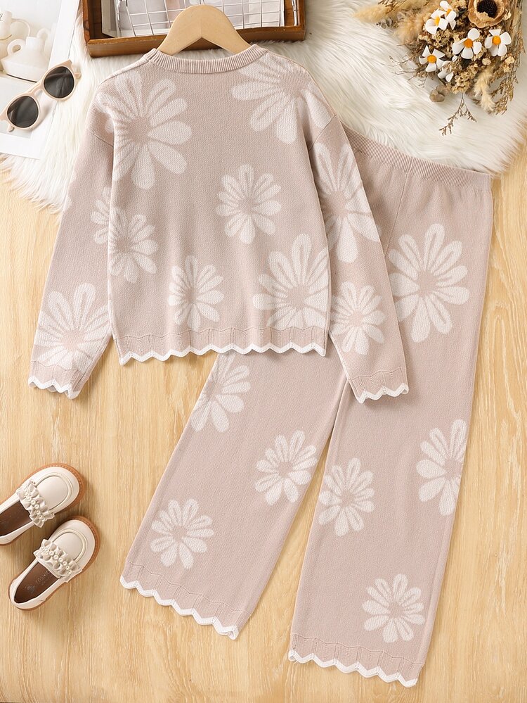 Tween Girl Autumn Winter Jacquard Pattern Knitted Sweater Long Sleeve Pullover And Long Pants Set - Multicolor - View 2
