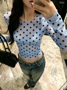 K-Vae Polka Dot Lace Long Sleeve Sexy Base Layer Top - Blue - View 5