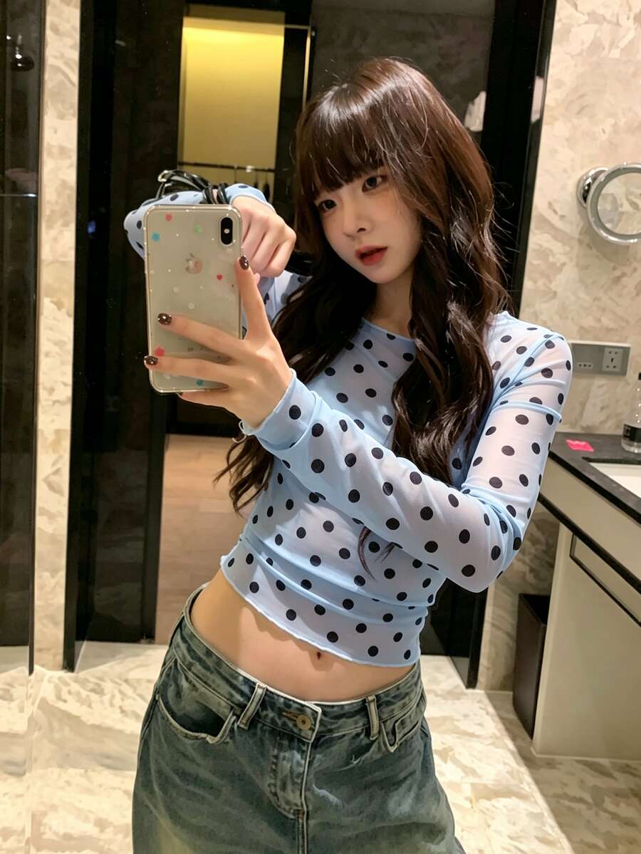 K-Vae Polka Dot Lace Long Sleeve Sexy Base Layer Top - Blue - View 1