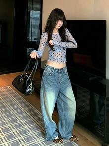 K-Vae Polka Dot Lace Long Sleeve Sexy Base Layer Top - Blue - View 4