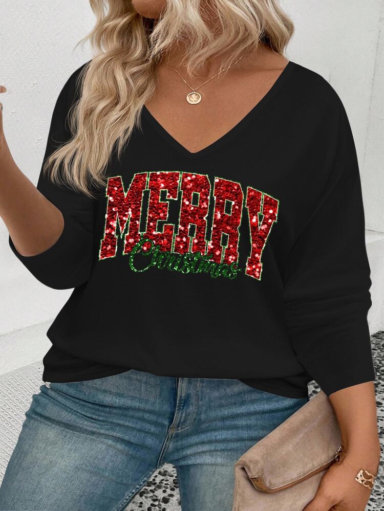 EMERY ROSE [Printed Design] Women's New Arrival Christmas Element Pattern V-Neck Long Sleeve Casual Versatile Plus Size T-Shirt, Autumn/Winter - Black - View 3