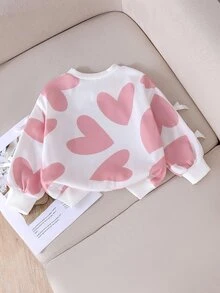 Young Girl White Heart Print Sweatshirt Sleeve Bowknot Decor Pullover Top Love Graphic Long Sleeve Autumn Baby Shower 7th Birthday Fairy Princess - Pink - View 2