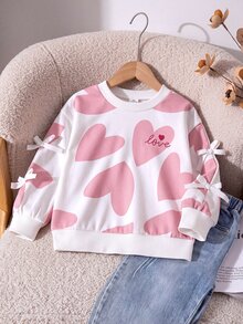 Young Girl White Heart Print Sweatshirt Sleeve Bowknot Decor Pullover Top Love Graphic Long Sleeve Autumn Baby Shower 7th Birthday Fairy Princess - Pink - View 8