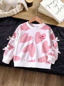Young Girl White Heart Print Sweatshirt Sleeve Bowknot Decor Pullover Top Love Graphic Long Sleeve Autumn Baby Shower 7th Birthday Fairy Princess - Pink - View 3