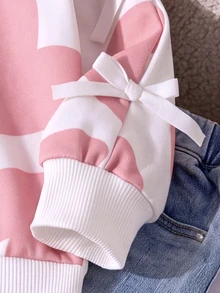 Young Girl White Heart Print Sweatshirt Sleeve Bowknot Decor Pullover Top Love Graphic Long Sleeve Autumn Baby Shower 7th Birthday Fairy Princess - Pink - View 6