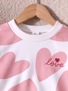 Young Girl White Heart Print Sweatshirt Sleeve Bowknot Decor Pullover Top Love Graphic Long Sleeve Autumn Baby Shower 7th Birthday Fairy Princess - Pink - View 5