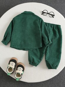 SHEIN Baby Boy Autumn/Winter Christmas Dark Green Long Sleeve Shirt And Pants Set, Suitable For Holiday, Outing, Vacation Wear - Dark Green - View 2