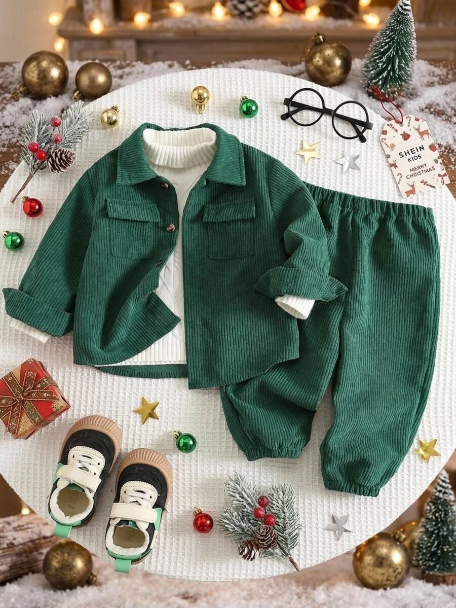 SHEIN 男嬰秋冬聖誕深綠色長袖上衣與長褲套裝,適合節日、外出、度假穿著 - 墨綠色 - 查看 1