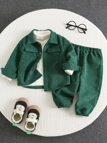 SHEIN Baby Boy Autumn/Winter Christmas Dark Green Long Sleeve Shirt And Pants Set, Suitable For Holiday, Outing, Vacation Wear - Dark Green - View 1