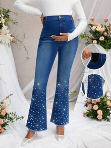 Momance 孕妇高腰珍珠装饰优雅喇叭牛仔裤 - 深色水洗藍 - 查看 2
