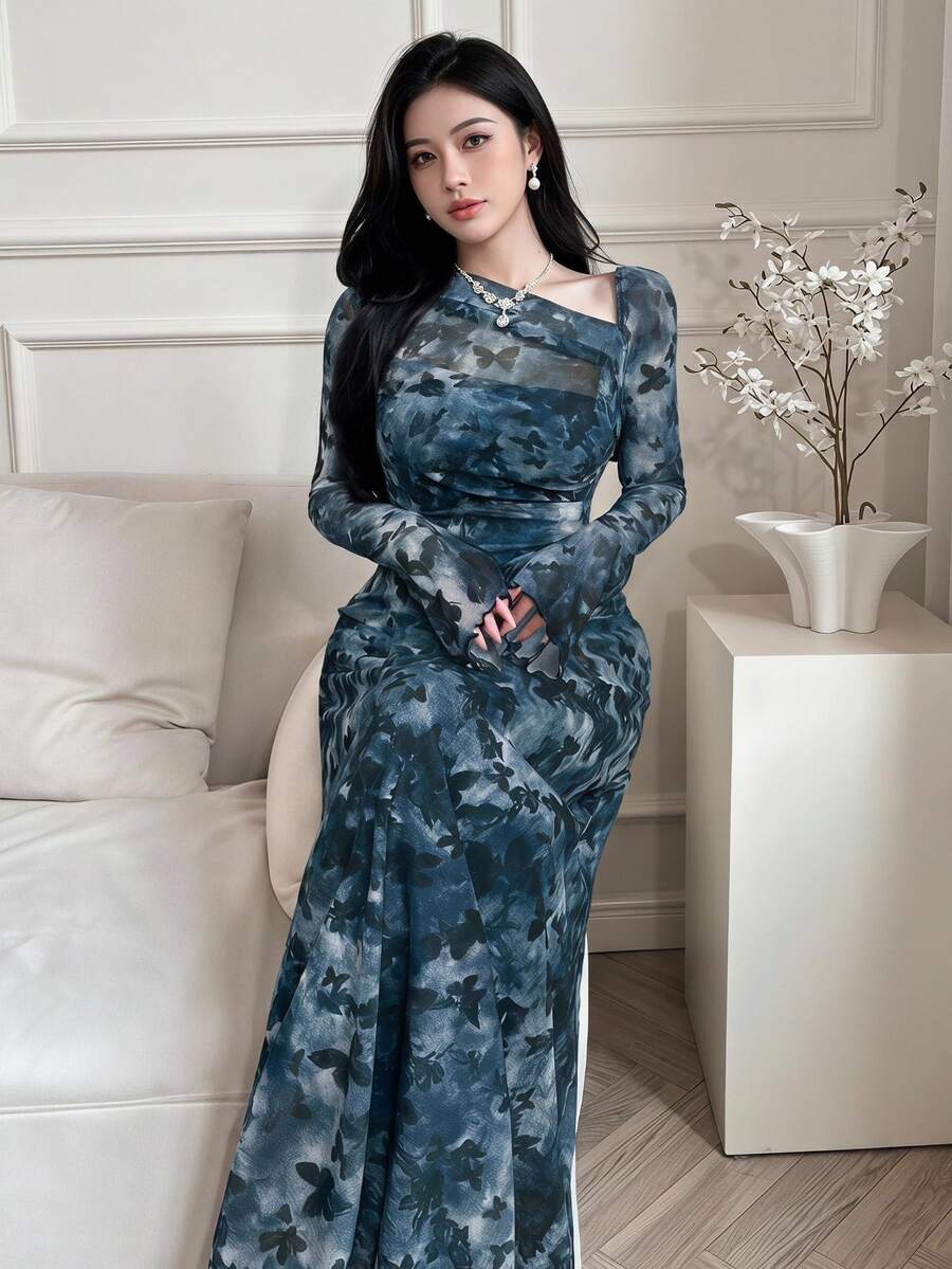 Feyla Women Floral Print Asymmetric Neckline Ruffle Elegant Dress Long Evening Dresses