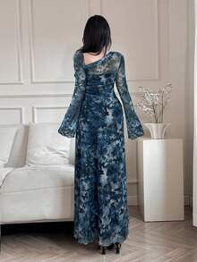 Feyla Women Floral Print Asymmetric Neckline Ruffle Elegant Dress Long Evening Dresses - Navy Blue - View 7