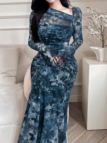 Feyla Women Floral Print Asymmetric Neckline Ruffle Elegant Dress Long Evening Dresses - Navy Blue - View 4