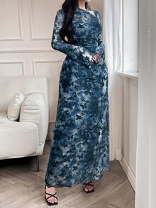 Feyla Women Floral Print Asymmetric Neckline Ruffle Elegant Dress Long Evening Dresses - Navy Blue - View 5