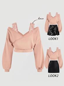 SHEIN MOD Sweatshirt Lengan Panjang Kasual Elegan untuk Wanita Ukuran Besar dengan Motif Renda dan Patchwork, Cocok untuk Kencan Malam, Warna Merah, Musim Gugur/Musim Dingin - Berwarna merah muda - View 9