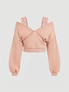 SHEIN MOD Sweatshirt Lengan Panjang Kasual Elegan untuk Wanita Ukuran Besar dengan Motif Renda dan Patchwork, Cocok untuk Kencan Malam, Warna Merah, Musim Gugur/Musim Dingin - Berwarna merah muda - View 2