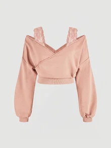 SHEIN MOD Sweatshirt Lengan Panjang Kasual Elegan untuk Wanita Ukuran Besar dengan Motif Renda dan Patchwork, Cocok untuk Kencan Malam, Warna Merah, Musim Gugur/Musim Dingin - Berwarna merah muda - View 3