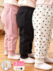SHEIN 3件組女嬰幼兒慢跑運動長褲 抓絨內裡加厚 心形印花 鬆緊腰頭 收口褲腳 粉色 黑色 米白色 冬季節日時尚禮物 - 彩色 - 查看 1