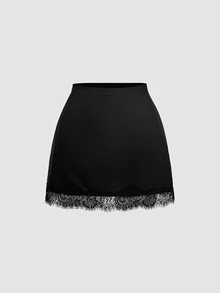 SHEIN MOD Women's Solid Color Long Sleeve Single-Breasted Jacket And Contrast Lace Skirt Elegant Suit Set - Black - View 9