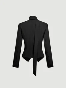 SHEIN MOD Women's Solid Color Long Sleeve Single-Breasted Jacket And Contrast Lace Skirt Elegant Suit Set - Black - View 7