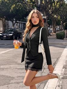 SHEIN MOD Women's Solid Color Long Sleeve Single-Breasted Jacket And Contrast Lace Skirt Elegant Suit Set - Black - View 1