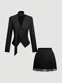 SHEIN MOD Women's Solid Color Long Sleeve Single-Breasted Jacket And Contrast Lace Skirt Elegant Suit Set - Black - View 2