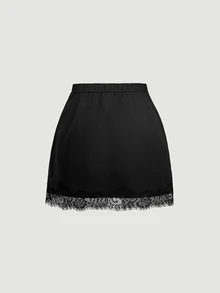 SHEIN MOD Women's Solid Color Long Sleeve Single-Breasted Jacket And Contrast Lace Skirt Elegant Suit Set - Black - View 10