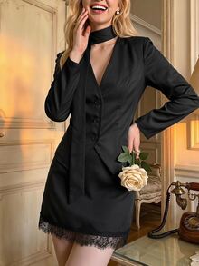 SHEIN MOD Women's Solid Color Long Sleeve Single-Breasted Jacket And Contrast Lace Skirt Elegant Suit Set - Black - View 8