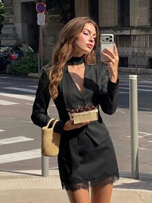 SHEIN MOD Women's Solid Color Long Sleeve Single-Breasted Jacket And Contrast Lace Skirt Elegant Suit Set - Black - View 3