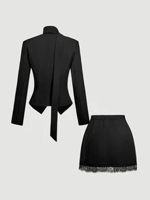 SHEIN MOD Women's Solid Color Long Sleeve Single-Breasted Jacket And Contrast Lace Skirt Elegant Suit Set - Black - View 4