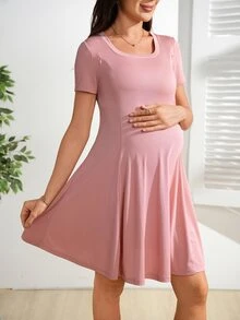 SHEIN Women Square Neck Short Sleeve Comfortable Solid Color Nursing Dress Everyday Cerise Pink Summer Casual Coming Home - Dusty Pink - View 4