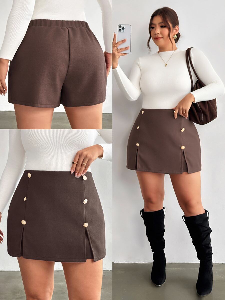 Firerie Plus Size Women's Fashion Double-Breasted Slit Design Shorts Elegant Brown Short For Women Elegant Office Business Work Shorts For Women Going Out