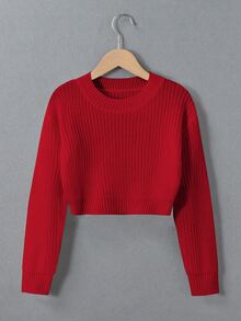 SHEIN Tween Girl Light Red Cable Knit Pullover Sweater, Autumn Casual Basic Cool Back-To-School Long Sleeve Round Neck Drop Shoulder Cropped Top, Jumper - Burgundy - View 5