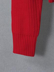 SHEIN Tween Girl Light Red Cable Knit Pullover Sweater, Autumn Casual Basic Cool Back-To-School Long Sleeve Round Neck Drop Shoulder Cropped Top, Jumper - Burgundy - View 8