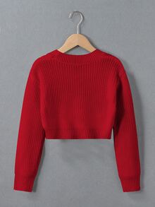 SHEIN Tween Girl Light Red Cable Knit Pullover Sweater, Autumn Casual Basic Cool Back-To-School Long Sleeve Round Neck Drop Shoulder Cropped Top, Jumper - Burgundy - View 3